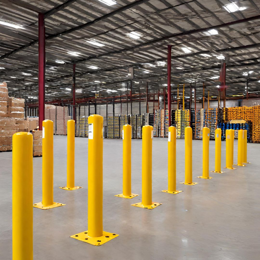 yellow safety bollards in warehouse