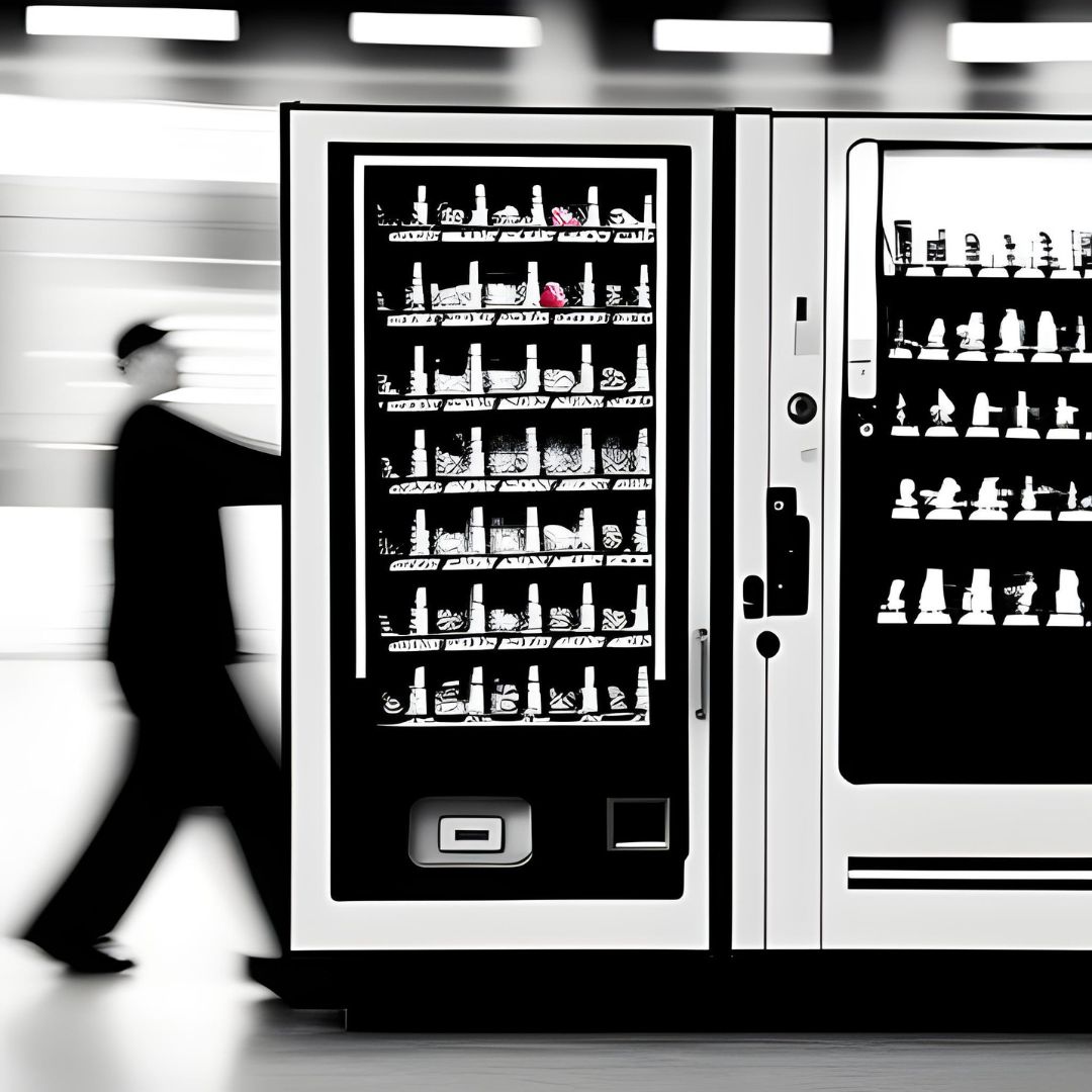 Man pushing vending machine by hand